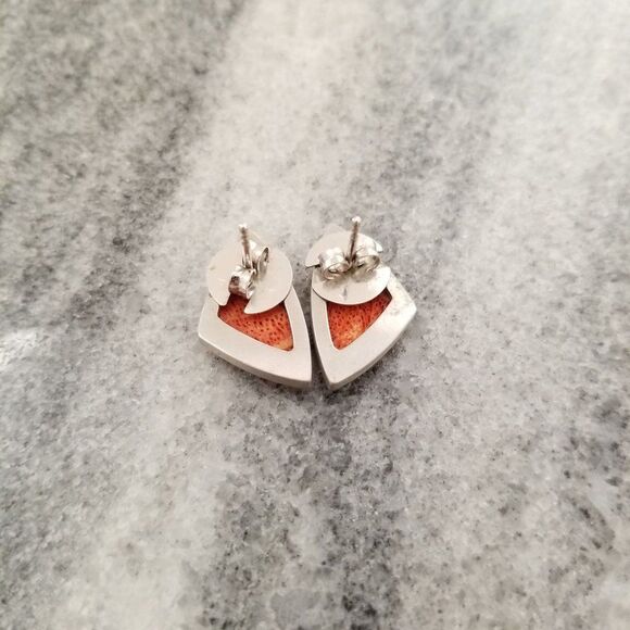 Vintage Orange and Silver Tone Triangle Post Earrings, Modern Design Studs - Picture 2 of 4